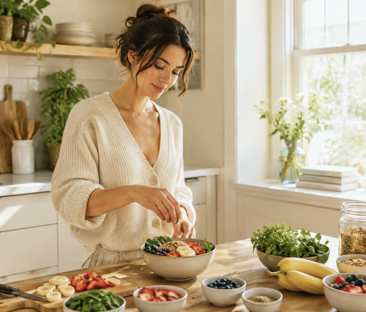 Woman preparing a healthy breakfast bowl